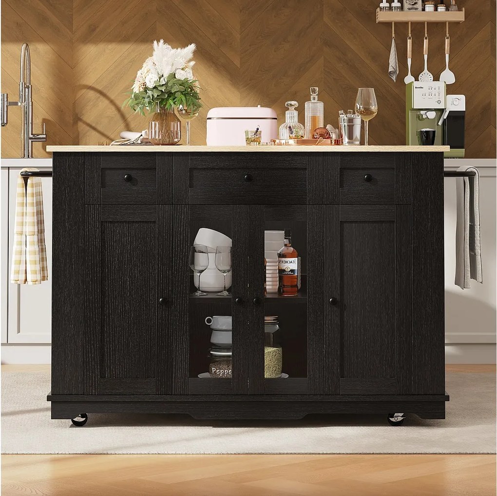 Mobilna wyspa kuchenna z 4 drzwiami, 3 szufladami i półkami bocznymi - Rozkładany blat - 151,5x60(85)x91,7 cm - MDF + szkło - Czarny