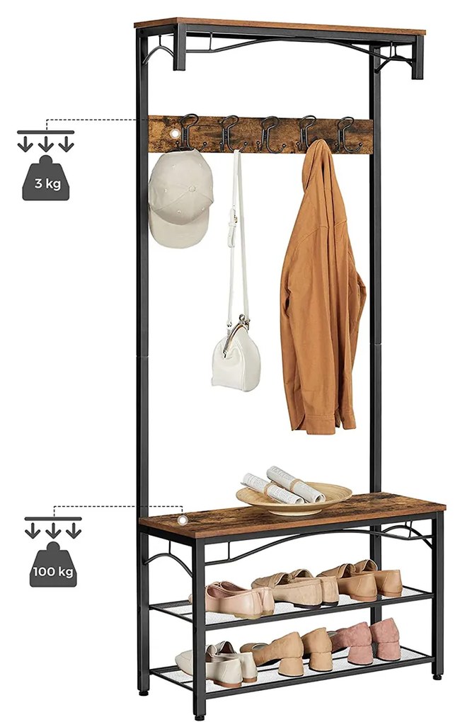 Wieszak do przedpokoju HENRY z miejscem na buty, 80x30x178,5cm, brąz/czarna Vasagle