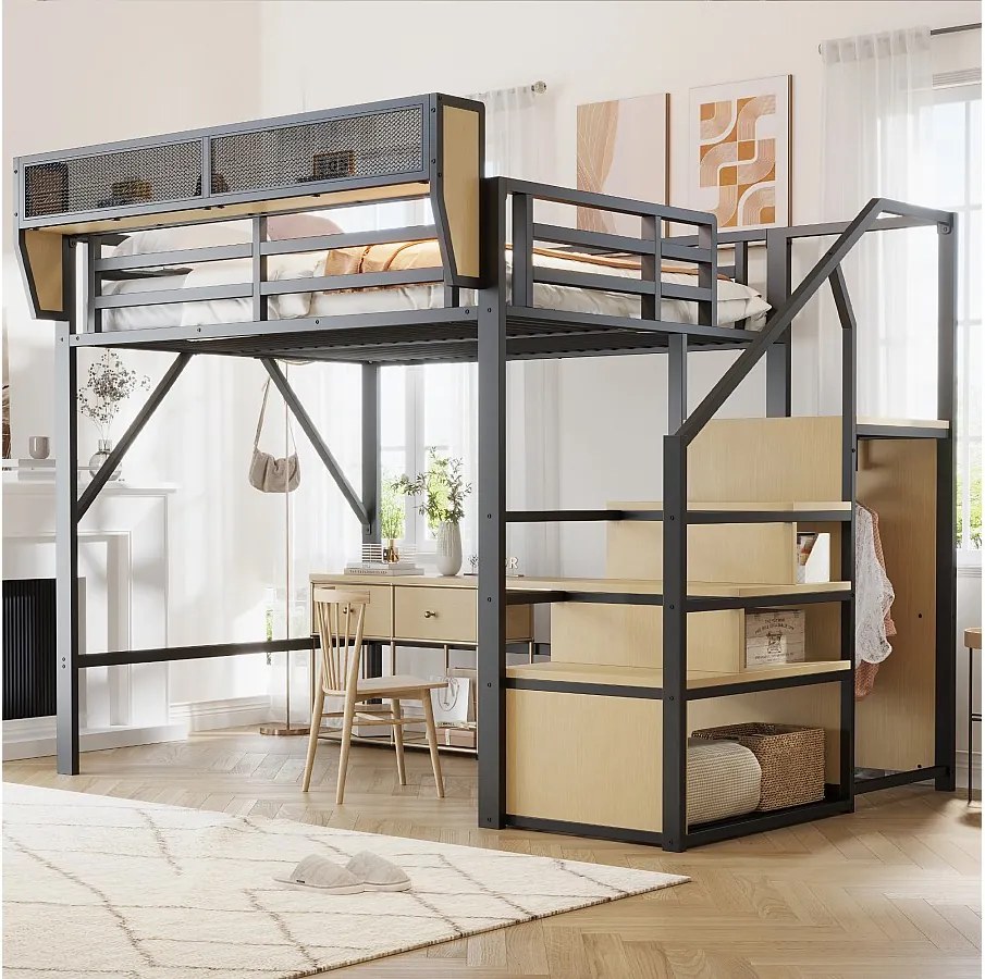 Łóżko piętrowe dla dzieci - 140 x 200 cm - ze schodkami do przechowywania + szafa - MDF + Metal - czarne