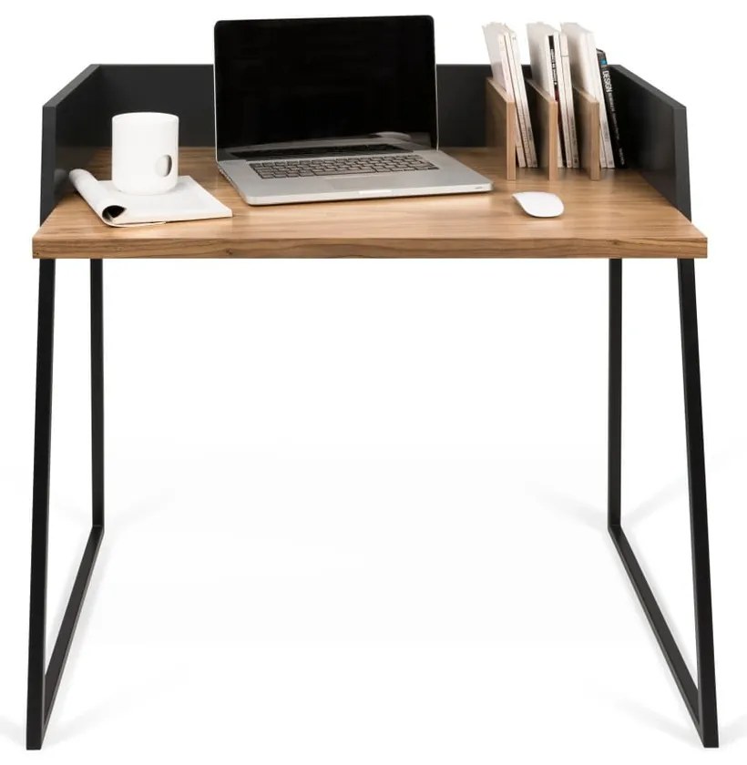 Czarne biurko z elementami z dekorem drewna orzecha TemaHome Volga Walnut