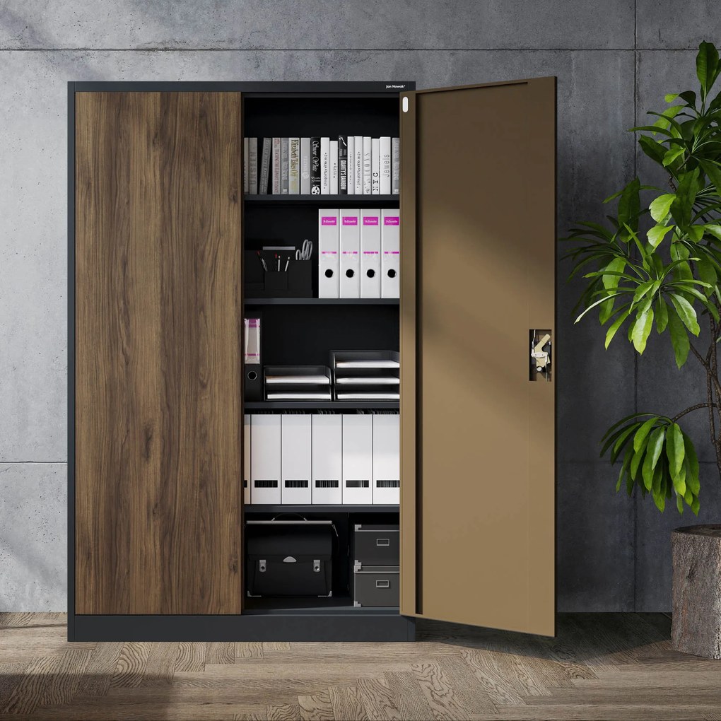 Szafa biurowa metalowa na akta, szeroka, antracyt/orzech, 1150x1850x400 mm: JAN II Eco Design