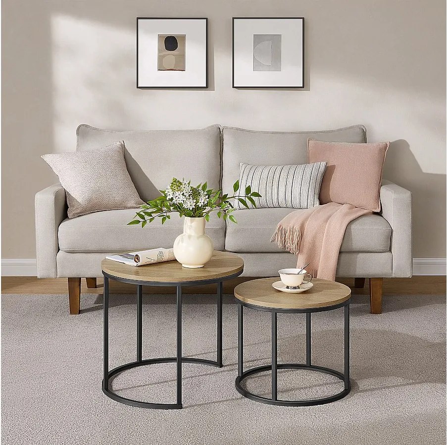 Zestaw 2 okrągłych stolików kawowych Valora – blat z dębu sonoma z czarnymi nogami