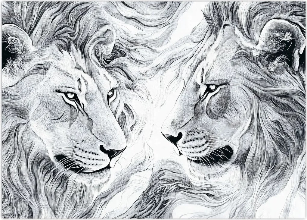 Obraz - Rysowane lwie głowy (70x50 cm)