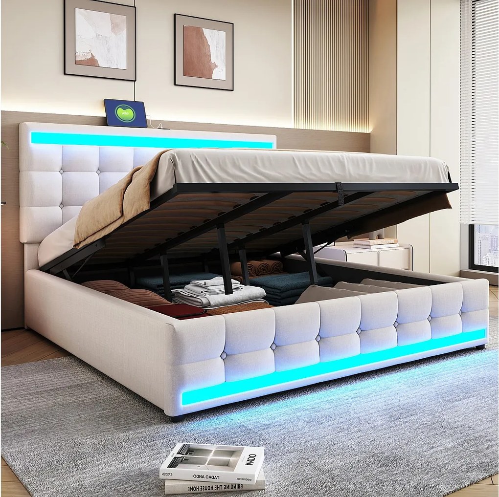 Łóżko z pojemnikiem 180x200 cm, beżowy len, łóżko podwójne z oświetleniem LED i portem USB – materac nie jest wliczony w cenę