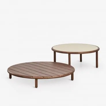 Zestaw 2 Okrągłych Stolików Kawowych Do Ogrodu Z Drewna Akacjowego Olivia Ciemny Akacjowy Brąz - Kremowa Semoline & Ciemny Akacjowy Brąz - Sklum