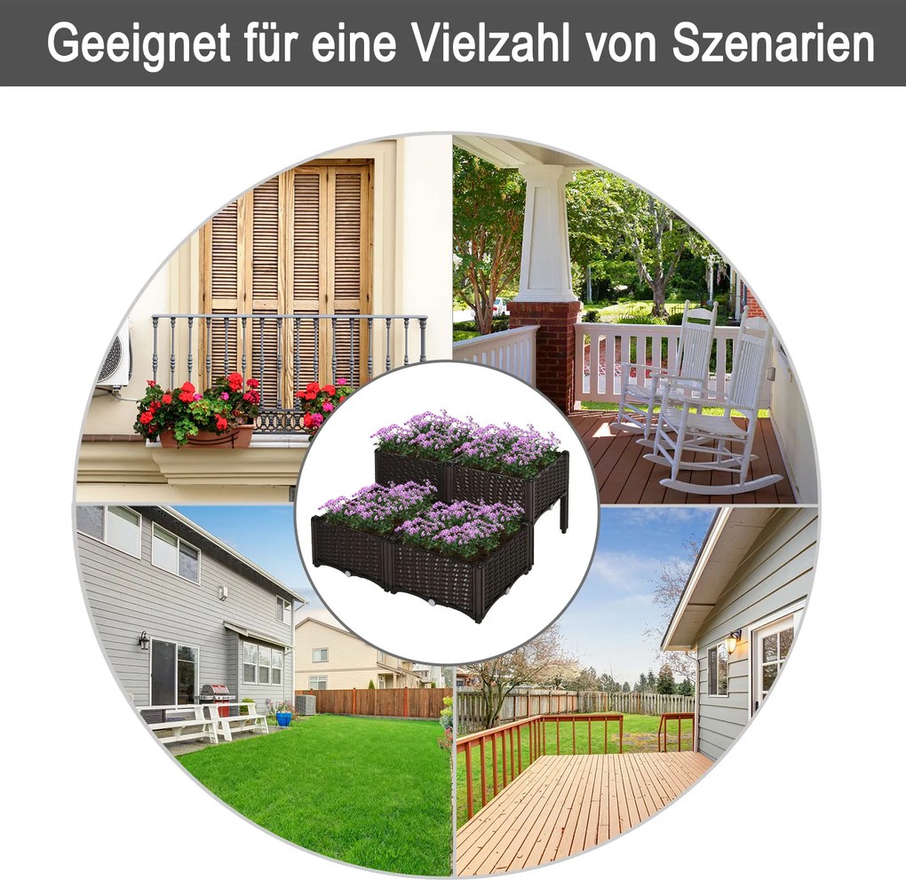 Outsunny podwyższona grządka 4-częściowa skrzynia na rośliny z otworami odpływowymi, skrzynki na kwiaty o wyglądzie rattanu, PP, brązowy