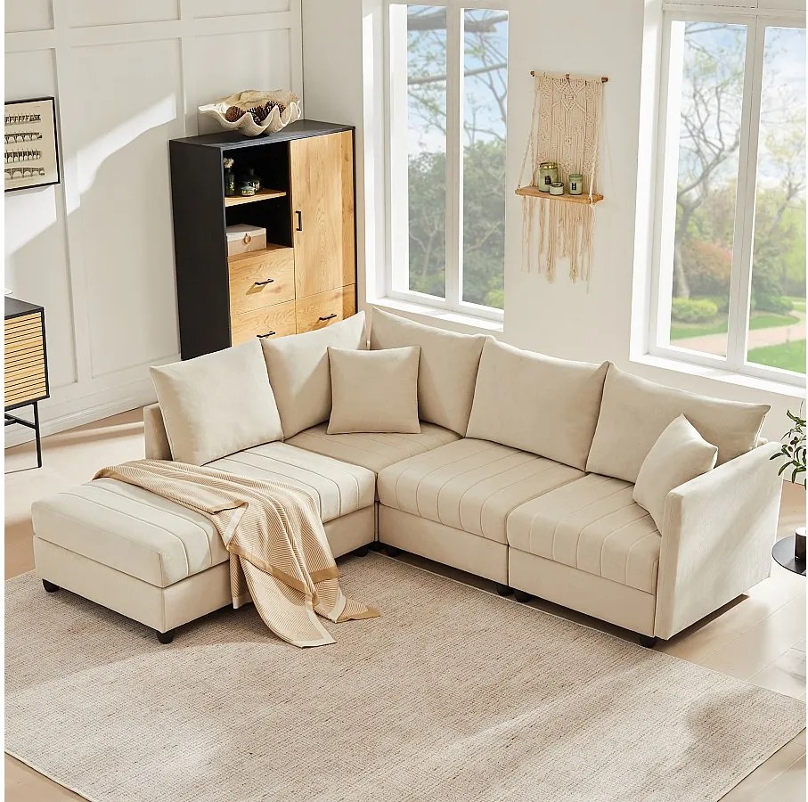 Modułowy zestaw wypoczynkowy 5-osobowy - 220 x 194 x 85 cm - z rozkładanym podnóżkiem - bawełna i len - beżowy