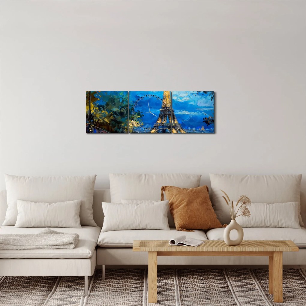 Obraz - Obraz olejny przedstawiający wieżę Eiffla (z zegarem) (90x30 cm)