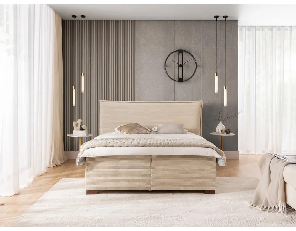 Beżowe łóżko kontynentalne ze schowkiem 140x200 cm Lysa – Ropez