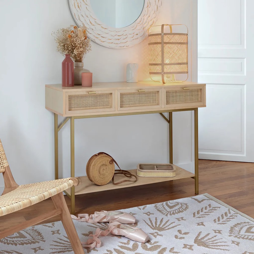 Wąska konsola boho RAYO z 3 szufladami i plecionką wiedeńską
