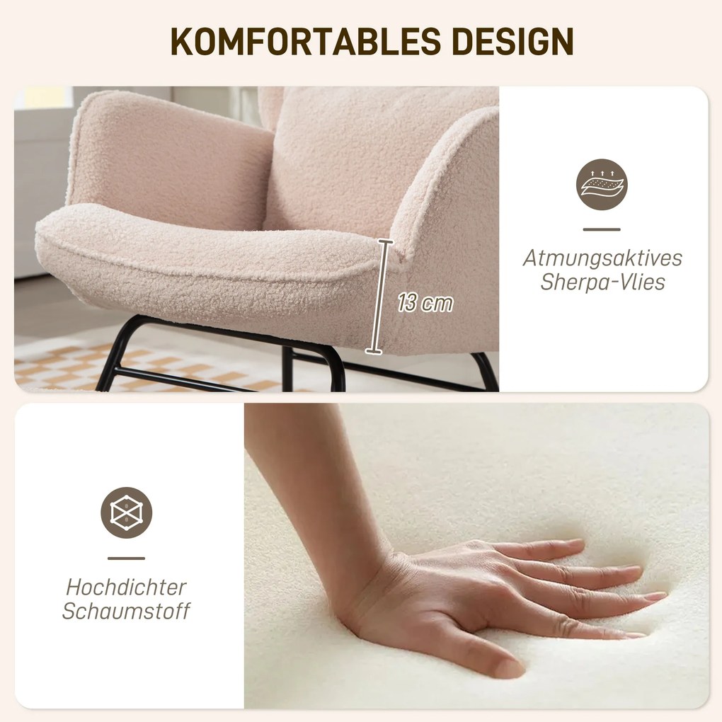 HOMCOM Fotel bujany z podnóżkiem, miękki polar, drewniane nogi, poduszka, wysokie oparcie, fotel bujany, Beżowy | Aosom PL