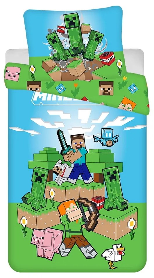 Zielono-niebieska bawełniana pościel dziecięca jednoosobowa 140x200 cm Minecraft "Outdoor Mobs" – Jerry Fabrics