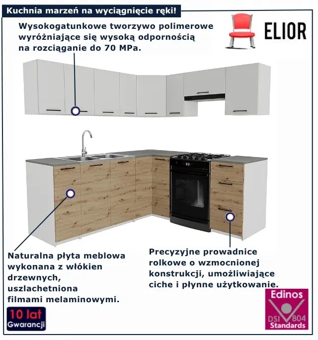 Narożny komplet mebli kuchennych dąb artisan + biały - Yumis