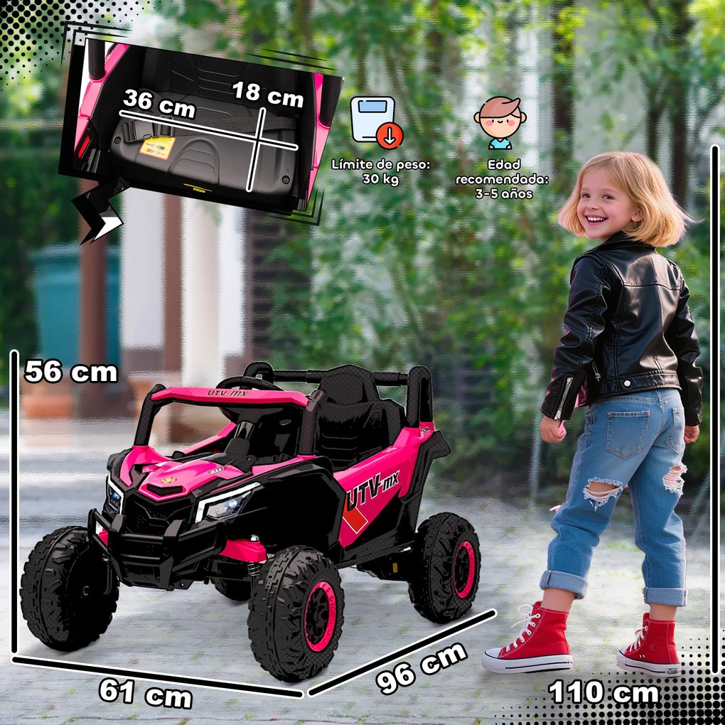 AIYAPLAY Elektryczny samochód dla dzieci UTV 12V z 2 silnikami pilot 2,4G prędkość do 7 km/h system zawieszenia Różowy | Aosom PL