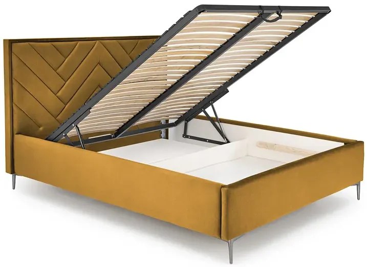 Musztardowy korpus łóżka tapicerowanego welurem R6-P67