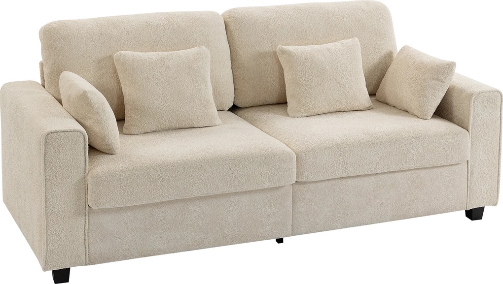 HOMCOM Beżowa Sofa 3-osobowa z Tkaniną o Strukturze Weluru, Głębokim Siedziskiem, Poduszkami z Pianki, Szerokimi Podłokietnikami i 4 Poduszkami | Aosom PL