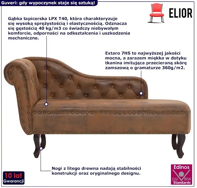 Brązowa leżanka z ekoskóry w stylu chesterfield - Dalos
