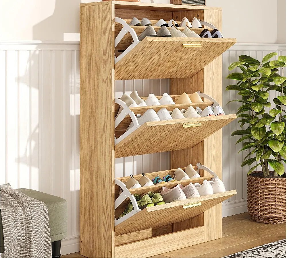 Nowoczesna szafa na buty 70x23,5x115 cm - z 3 drzwiami - Otwarte półki - wygląd drewna - MDF - Kolor naturalny