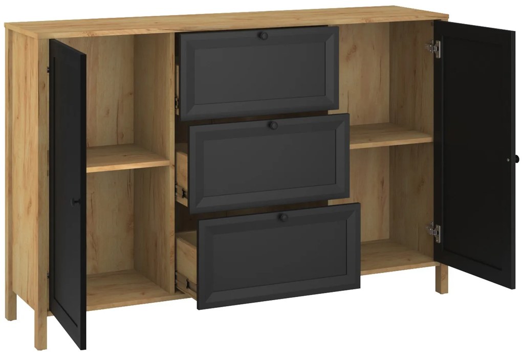 Komoda Dwudrzwiowa z Szufladami Drewniana do Salonu NORIA 150 cm Dąb craft złoty/czarny Loft