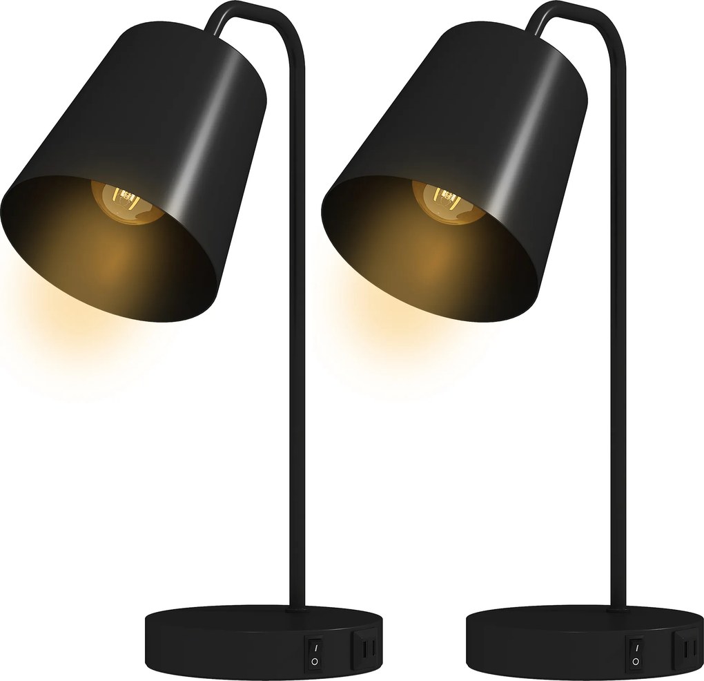HOMCOM Zestaw lamp stołowych, 2 szt., Nowoczesne lampy z USB-A i USB-C do sypialni, salonu i biura, Czarny | Aosom PL