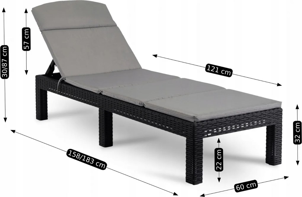 Regulowany leżak ogrodowy składany Luizjana, technorattan z poduszką, czarny/szary