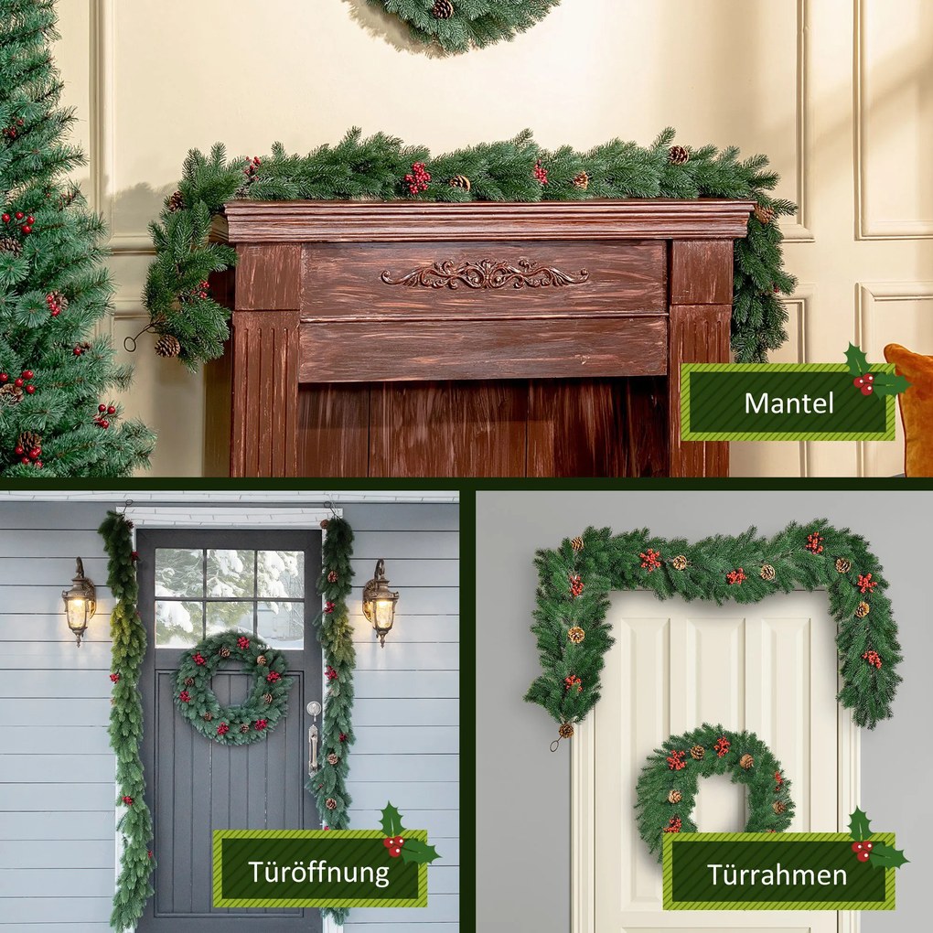 HOMCOM 1,9 m sztuczna girlanda świąteczna dekoracja z szyszkami i jagodami, na schody i kominek, PE, zielony | Aosom PL