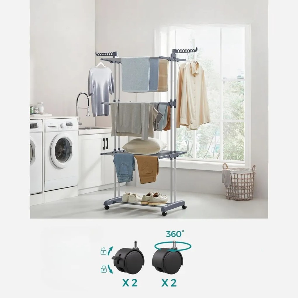 Suszarka na pranie ELTON z 4 poziomami na kółkach, 76x172x50 cm, szara SongmicsHome