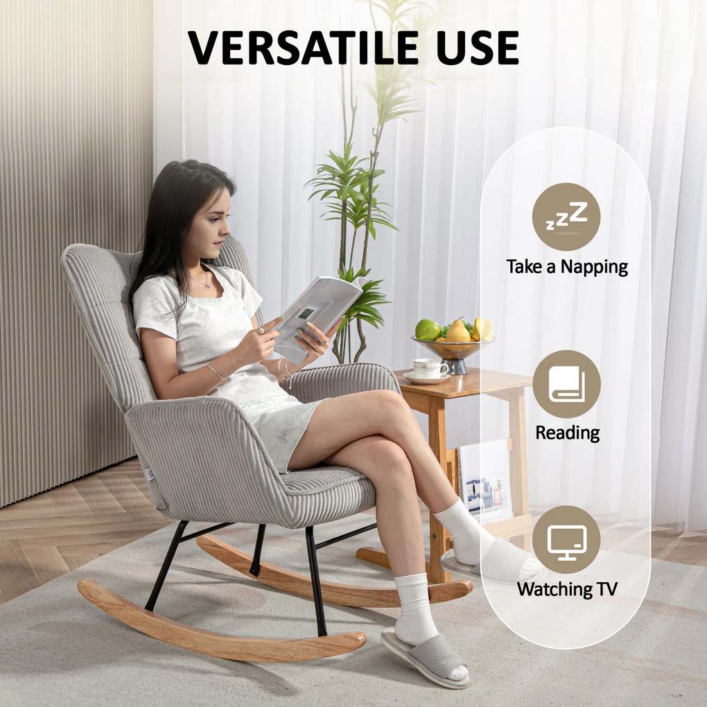 HOMCOM Vintage fotel bujany, zakrzywione płozki, grube wypełnienie, buk i stal, jasnoszary