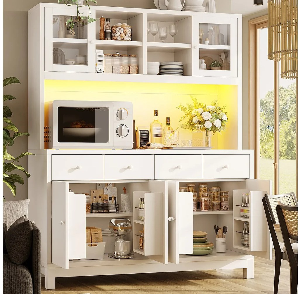 Buffet Kuchenny Wysoki 140cm - Witryna z Oświetleniem LED RGB Podłączanym, 4 Szuflady, Regulowane Przechowywanie, Zabezpieczenie Przed Przechyleniem - Biały