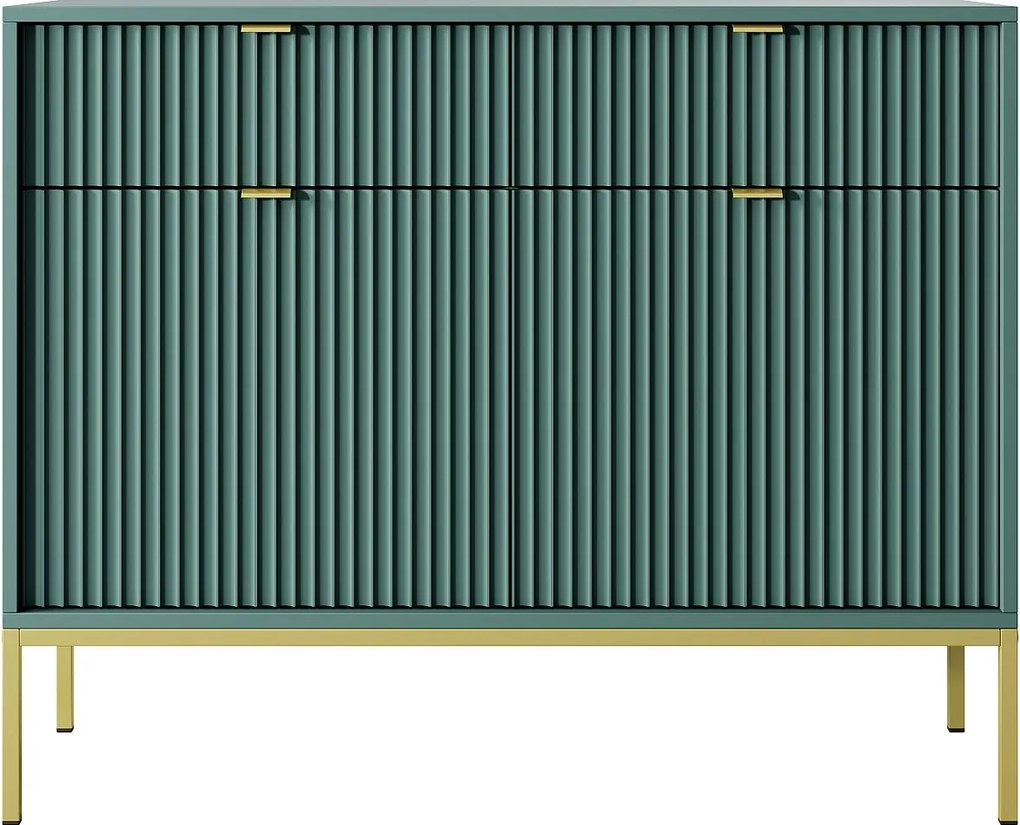 Komoda: 2 szuflady, 2 drzwi, labrador, złota, 104 x 83 x 39 cm, złote uchwyty