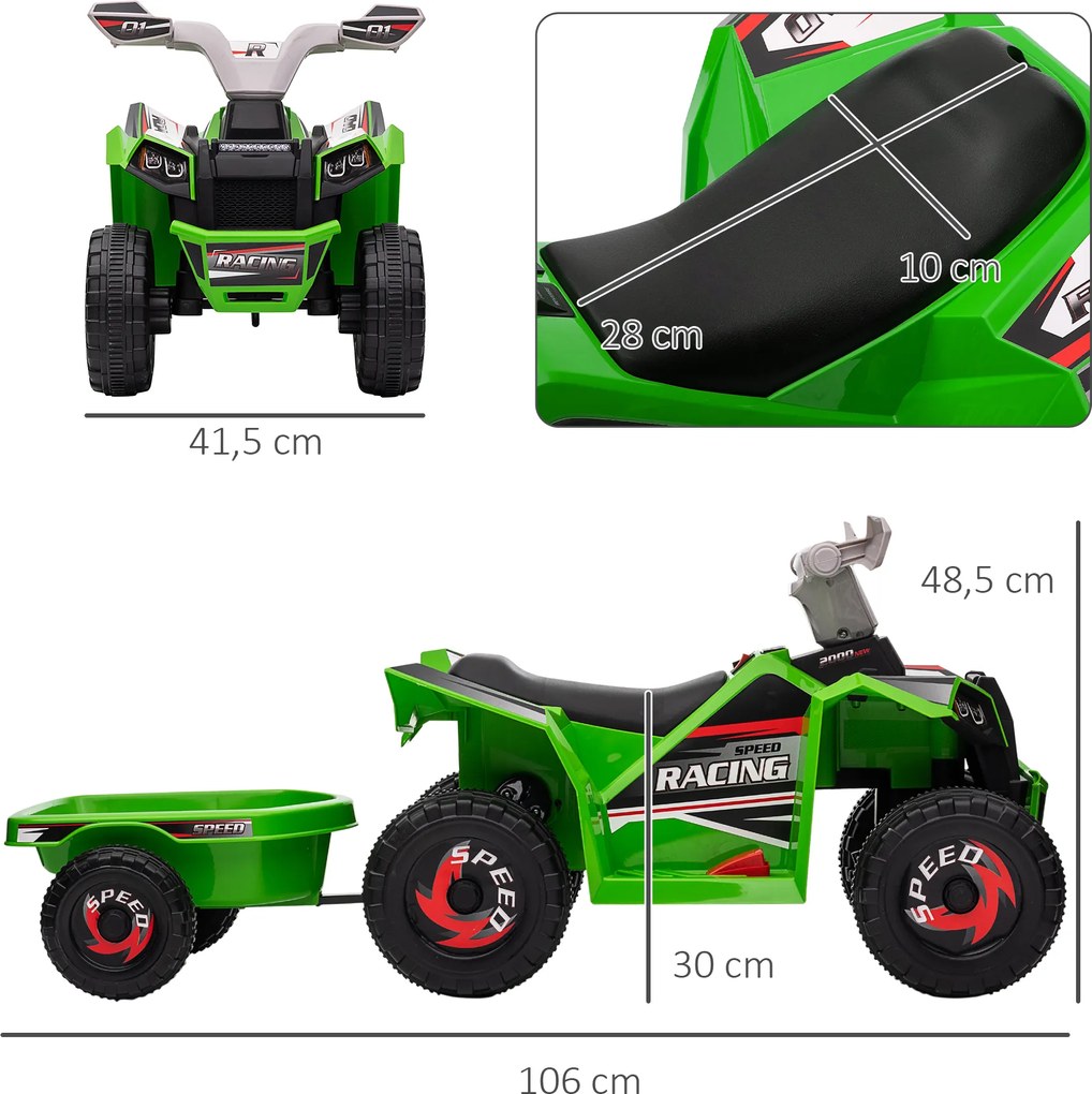 HOMCOM Quad elektryczny dla dzieci 6V Zielony samochód z przyczepką metalową Atrakcyjna zabawka | Aosom PL