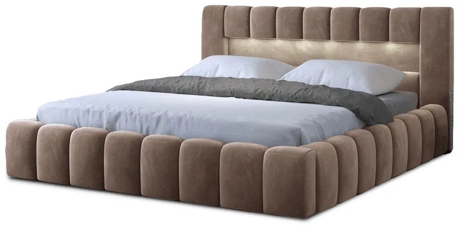Jasnobrązowe tapicerowane łóżko dwuosobowe ze schowkiem ze stelażem 140x200 cm Lamica – ELTAP