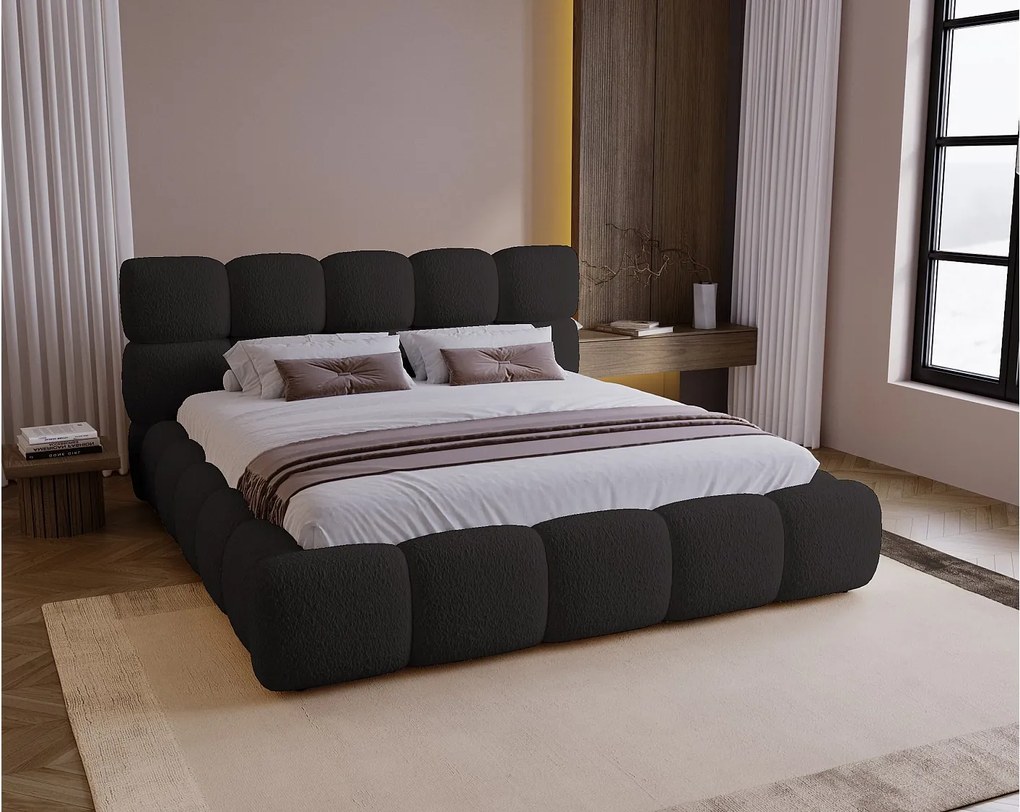 BESILIO Łóżko z grubej pianki 180x200 boucle Boston - łóżko z pojemnikiem i stelażem - Czarny
