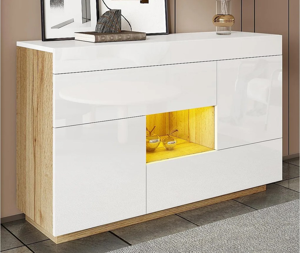 Błyszczący bufet 120×37×76,5 cm - Oświetlenie LED - 2 szuflady i 2 drzwi - Otwarte półki - Biały + Naturalny