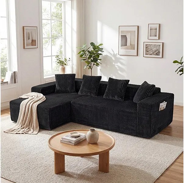 Modułowa Narożna Sofa Lewa - w Welurze Żebrowanym Czarnym - 3-osobowa - z 4 Poduszkami i leżanką - 261x156x80cm