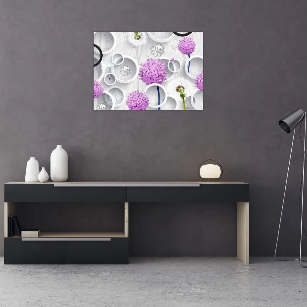 Obraz na szkle - abstrakcja 3D z koła i kwiaty (70x50 cm)