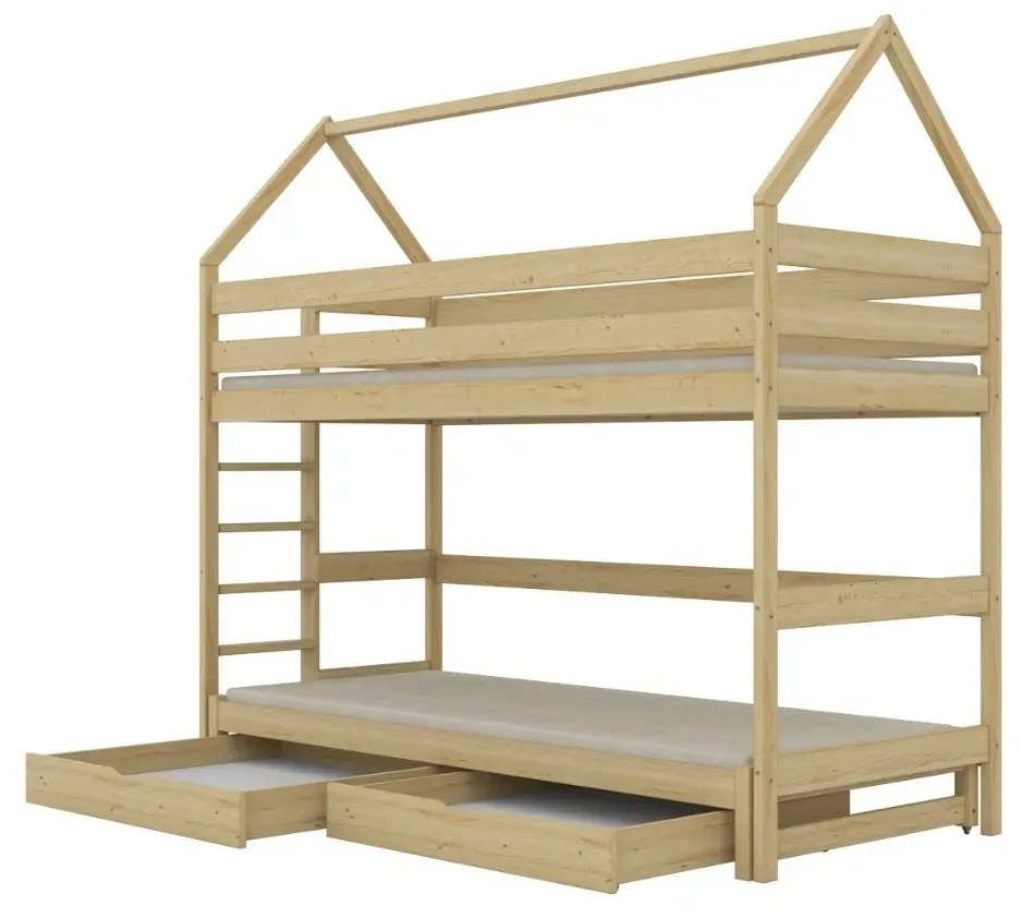 Łóżko piętrowe domek TOBI 1 180x80 sosna lakierowana z szufladami KOCOT KIDS