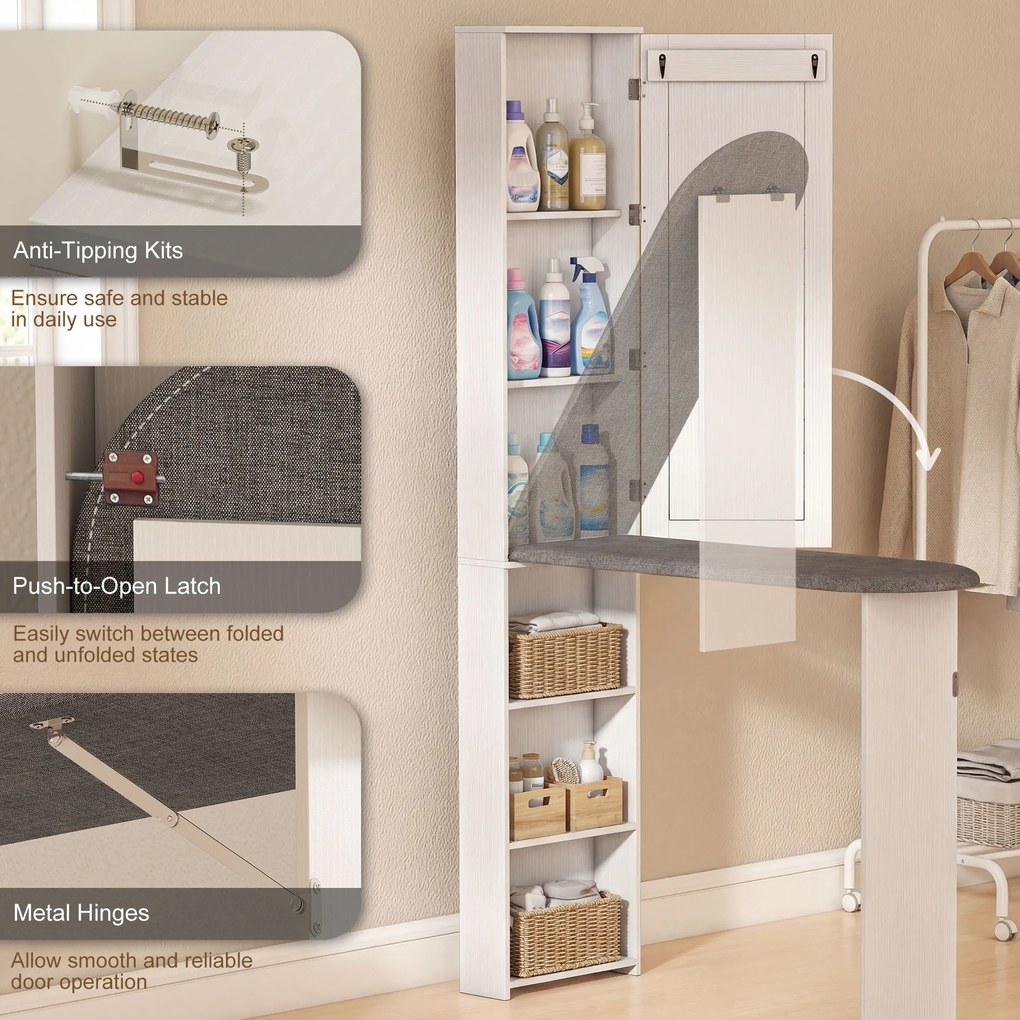 HOMCOM Składana szafka na deskę do prasowania z drzwiami, wewnętrznymi półkami, lustrem. Oszczędzająca miejsce stacja do prasowania 106x35x174 cm biała | Aosom PL