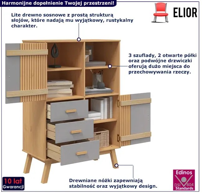 Drewniana komoda na nóżkach brązowy + szary W1-P86
