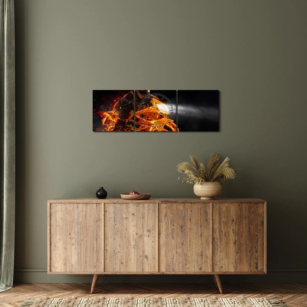Obraz - Motocyklista z płomieniami (z zegarem) (90x30 cm)