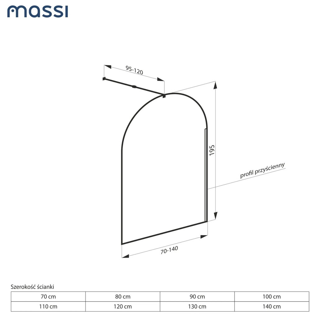 Ścianka prysznicowa WALK IN fix czarna półokrągła 8mm MOLIS Black Oval MASSI | Różne rozmiary : Kolor profili kabiny - złoty szczotkowany, Szerokość ścianki - 90 cm , Typ montażu - WALK in FIX (Do ściany)