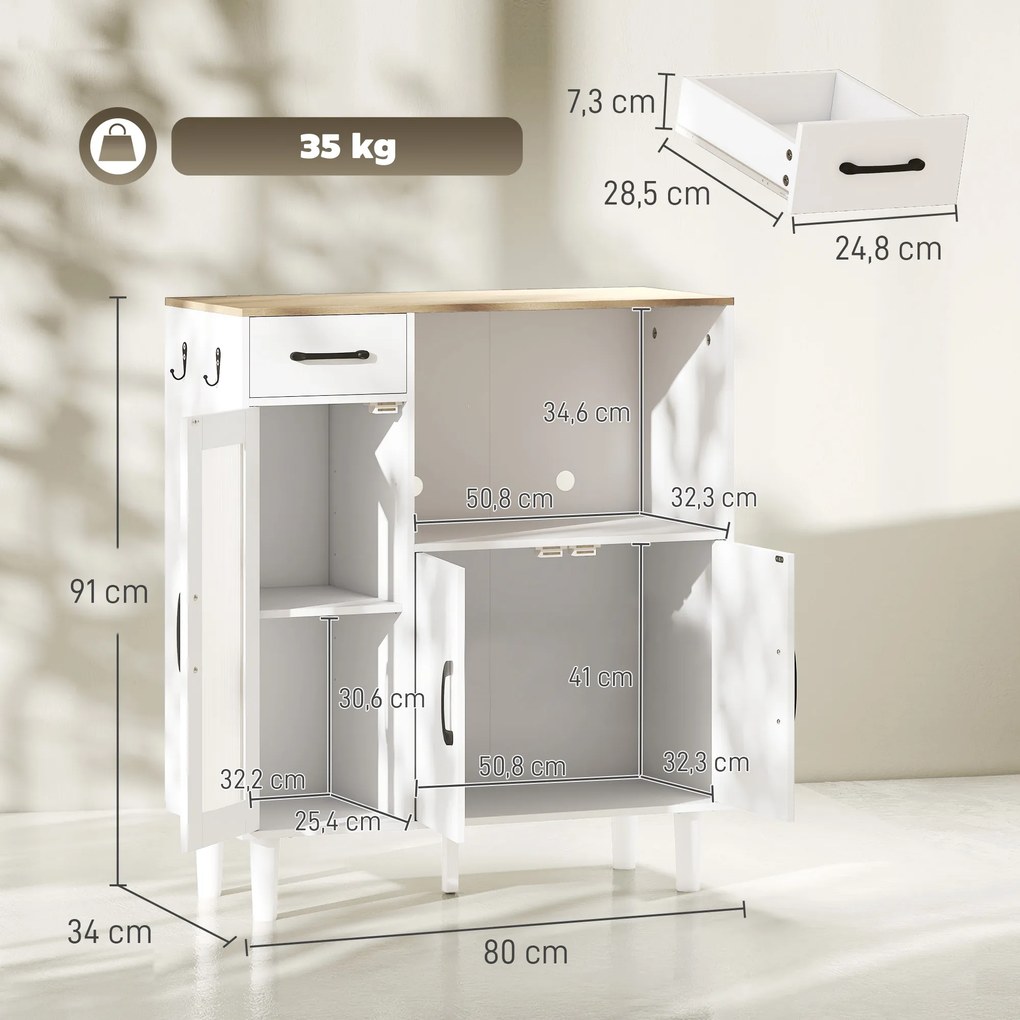 HOMCOM Kredens kuchenny z szufladą, 2 szafkami, otwartą półką, prążkowanymi drzwiami z akrylu 80 x 34 x 91 cm Biały + Dąb | Aosom PL