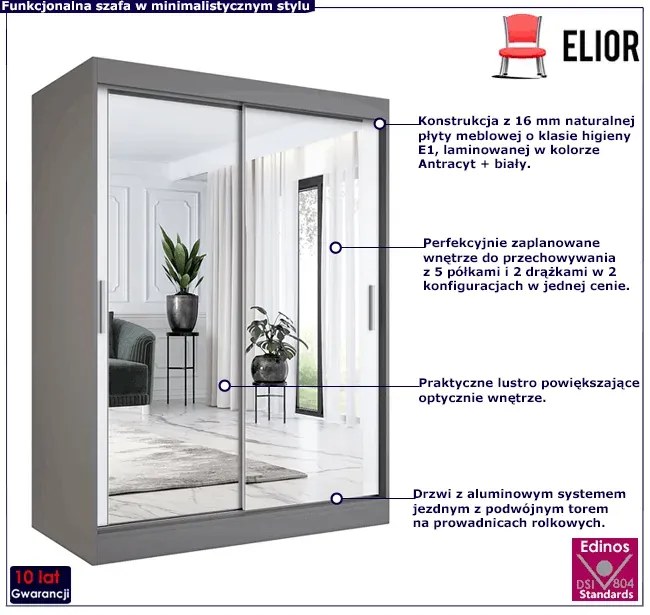 Szafa przesuwna z lustrem 150 cm antracyt + biały - Kukkin 4X