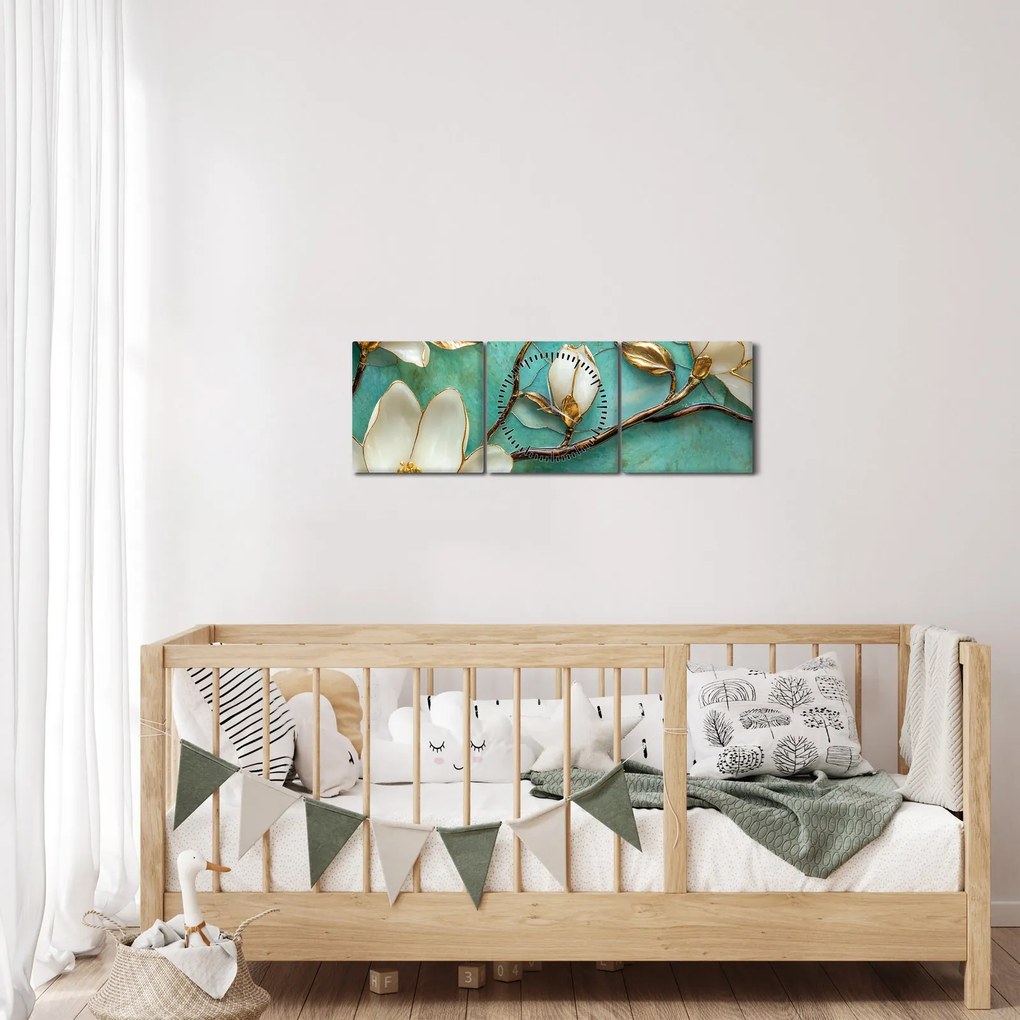 Obraz - 3D magnolie (z zegarem) (90x30 cm)