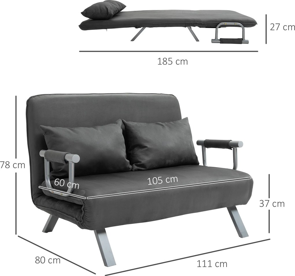 Sofa dwuosobowa rozkładana z funkcją spania łóżko dla gości z podłokietnikami szezlong 3 w 1 szara | Aosom PL