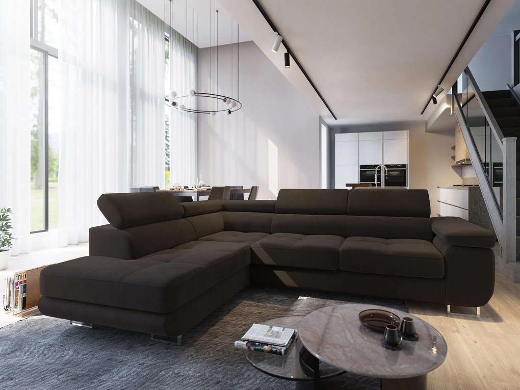 Masseno Narożnik SELVA z Funkcją Spania i Pojemnikiem na Pościel Narożnik L, Rozkładana sofa - Brązowy, MONOLITH 29