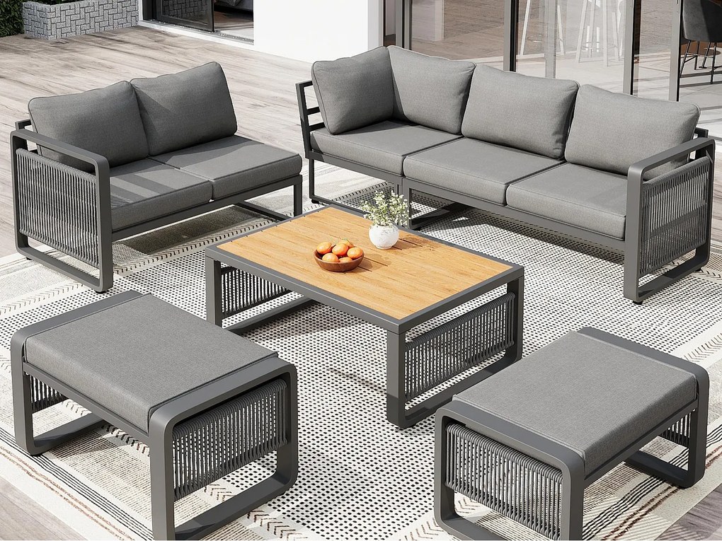 Salon ogrodowy, zestaw mebli na 6-7 osób - lin - kanapa narożna - z żelaza ocynkowanego - stolik kawowy - 2 taborety, Szary