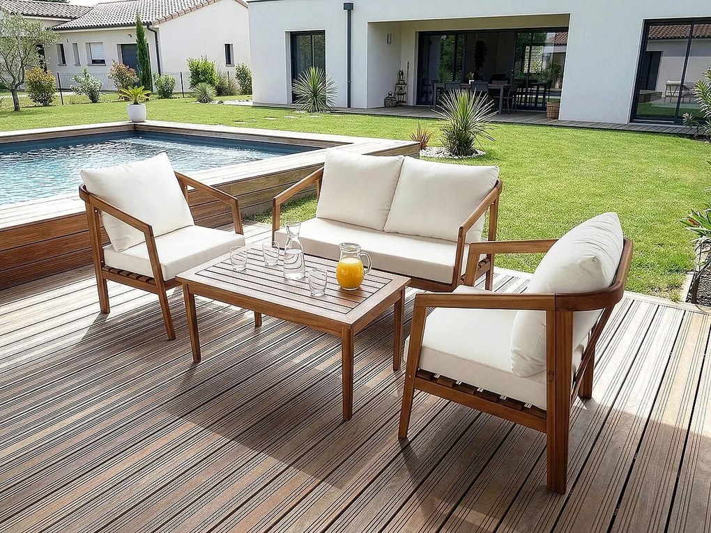 Zestaw mebli ogrodowych dla 4 osób z olejowanego drewna akacjowego z grubymi beżowymi poduszkami "Presley"