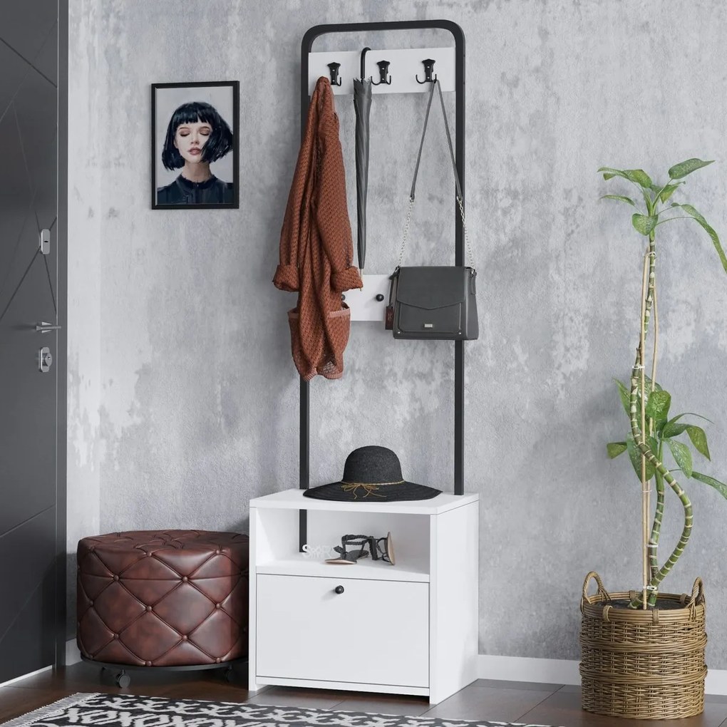 Wieszak z szafką na buty Quinn White and Black