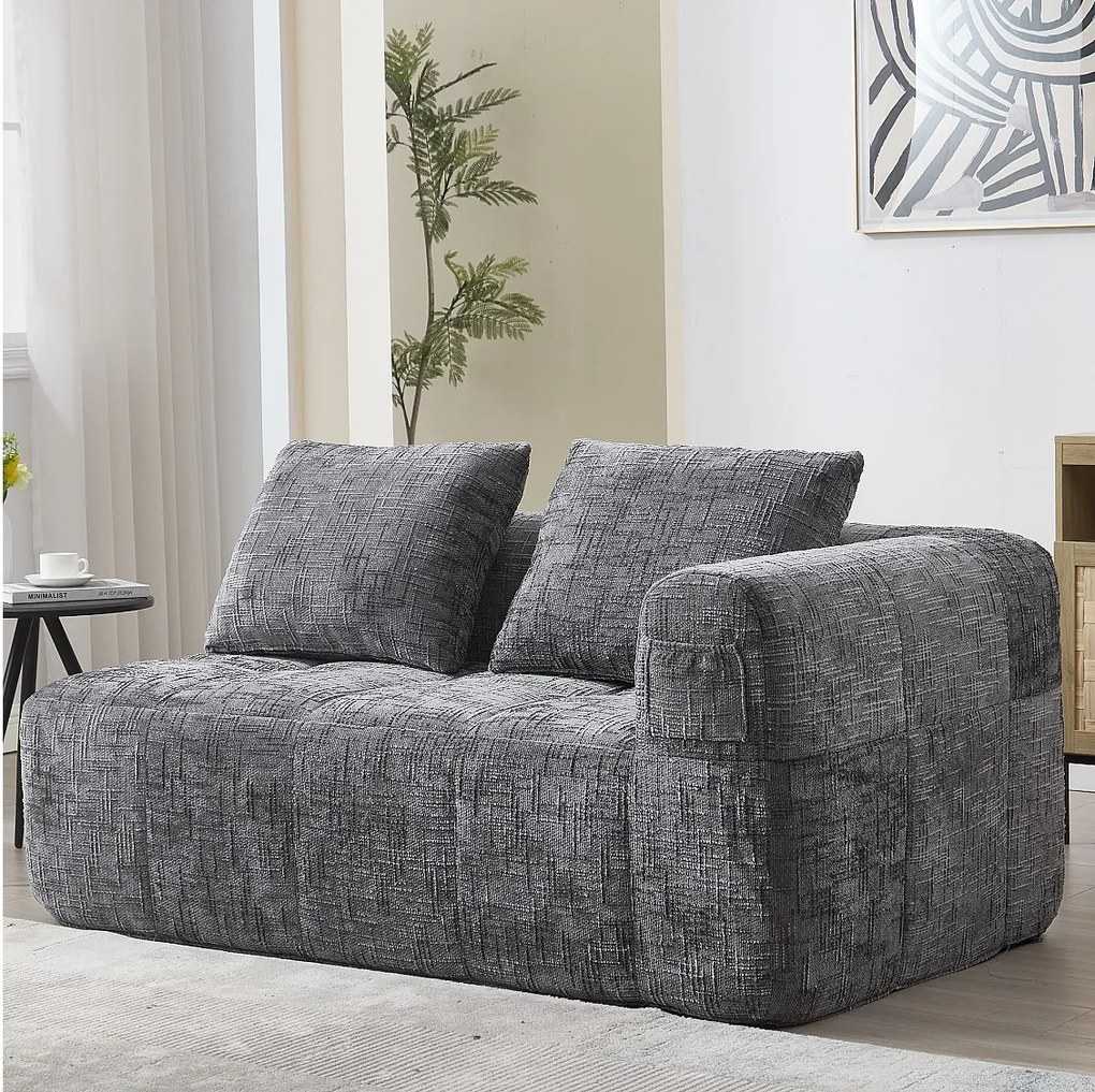 Szara sofa 2-osobowa - prosta sofa z poduszkami i kieszeniami - szenil - wzór śniegu